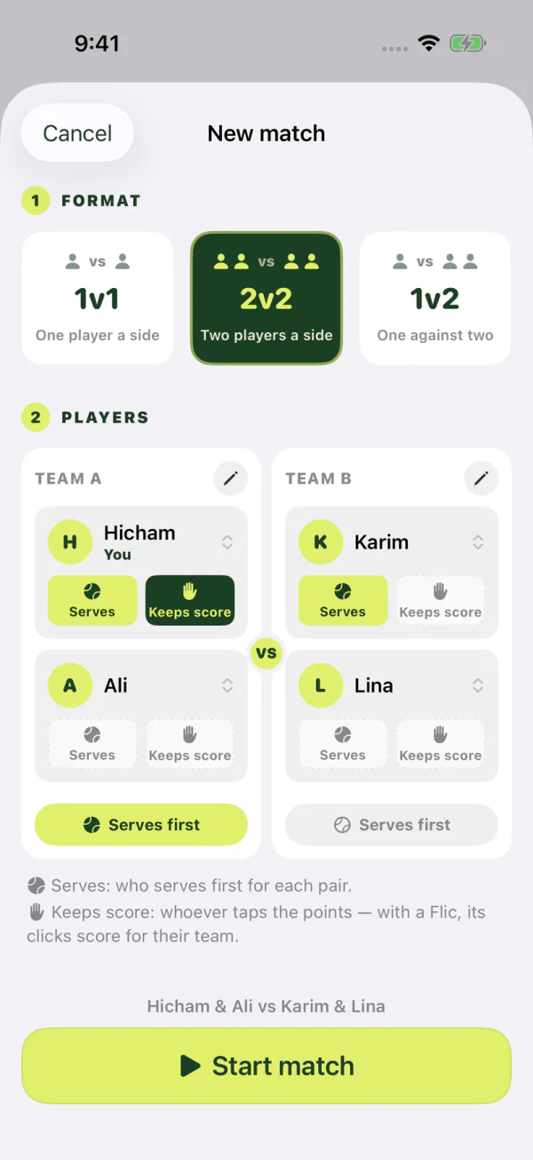 New match screen with the 1v1, 2v2 and 1v2 formats and player roles