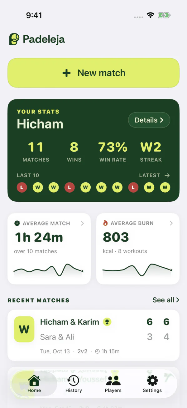 Padeleja home screen: your stats, recent form and your latest match