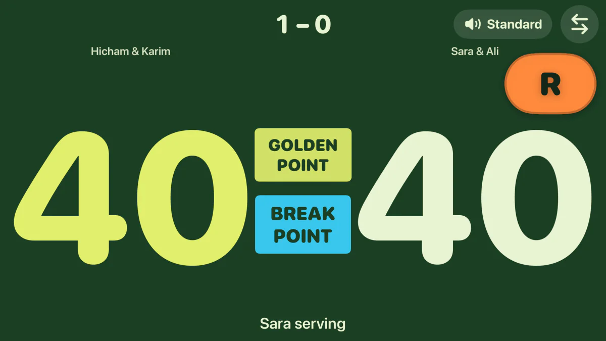 Landscape court scoreboard at 40–40 with a golden point badge