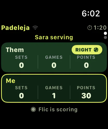 Apple Watch scoring screen showing sets, games and points for both sides